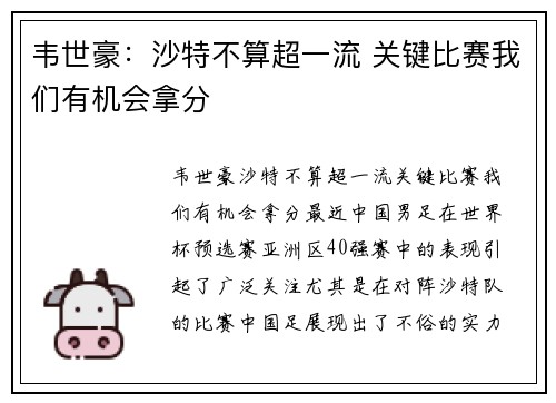韦世豪：沙特不算超一流 关键比赛我们有机会拿分